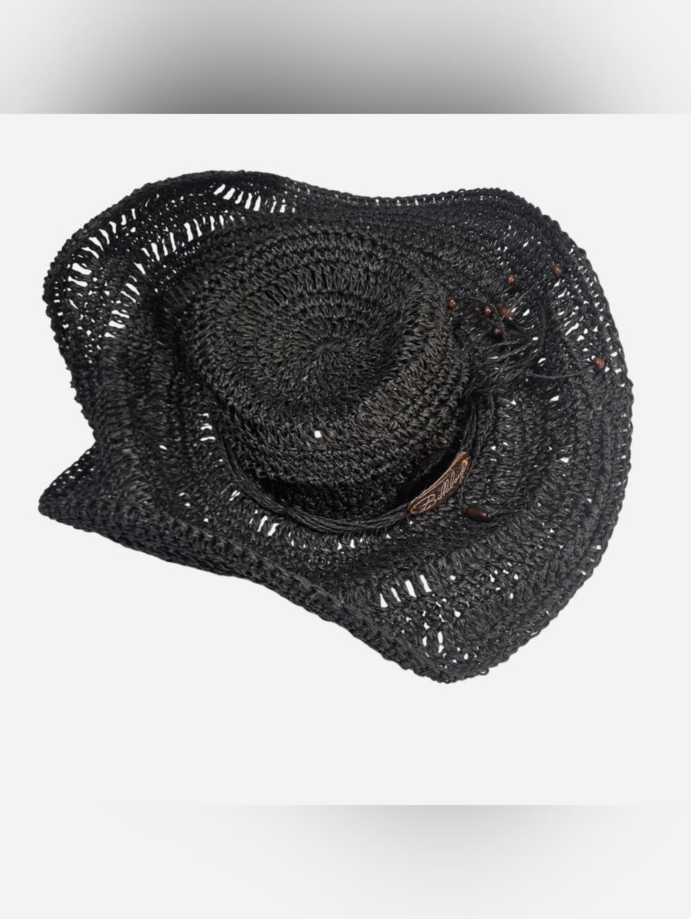 Billabong Black Woven Paper Straw Cowboy Hat with Beaded Wooden Accent